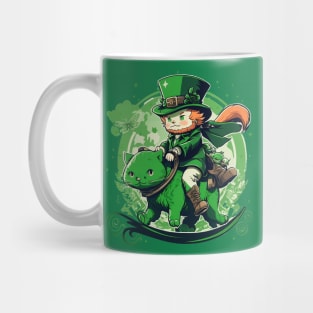 Redhead Leprechaun Riding Green Cat Mug